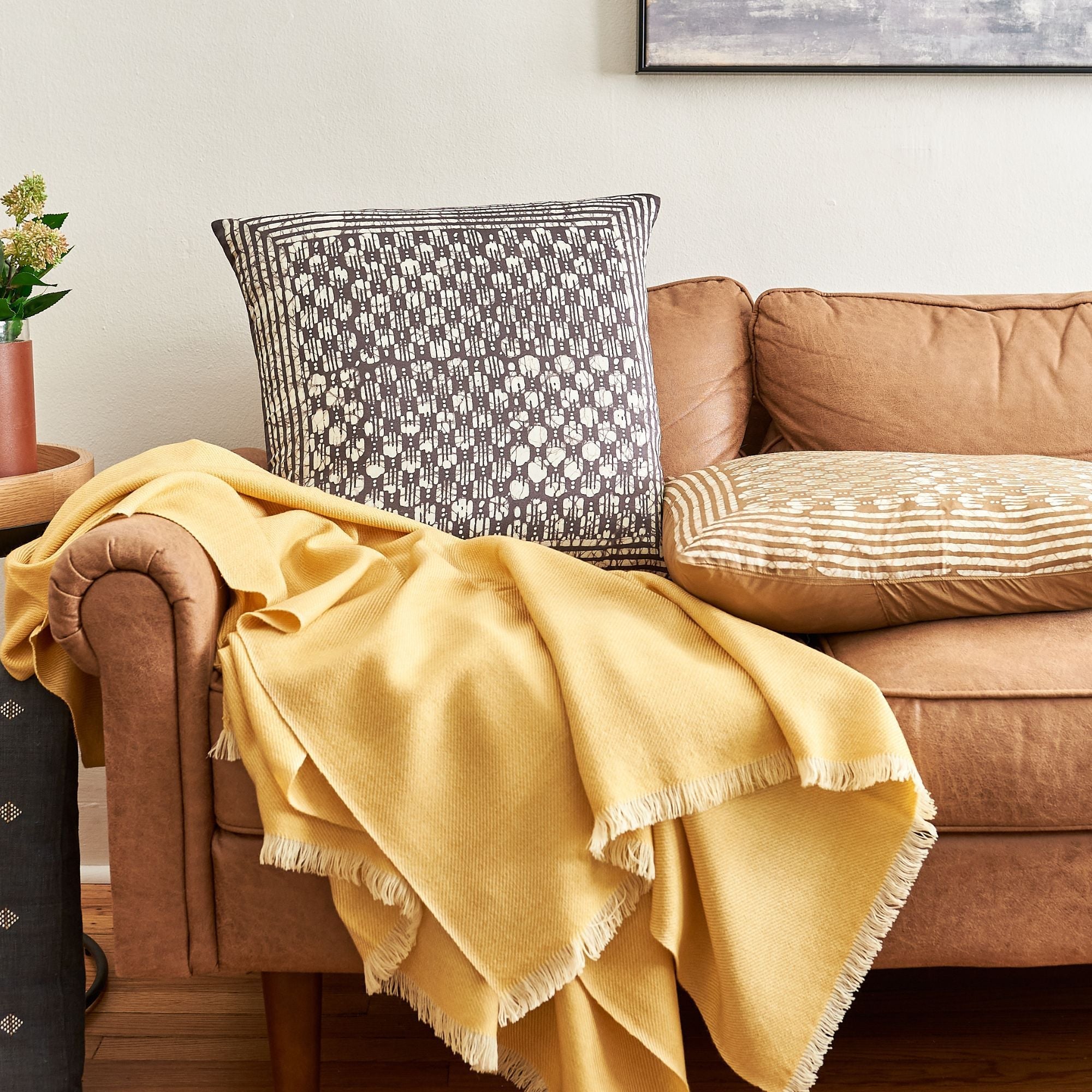 Oasis Wax Block Print Mulberry Silk Pillow (Charcoal)