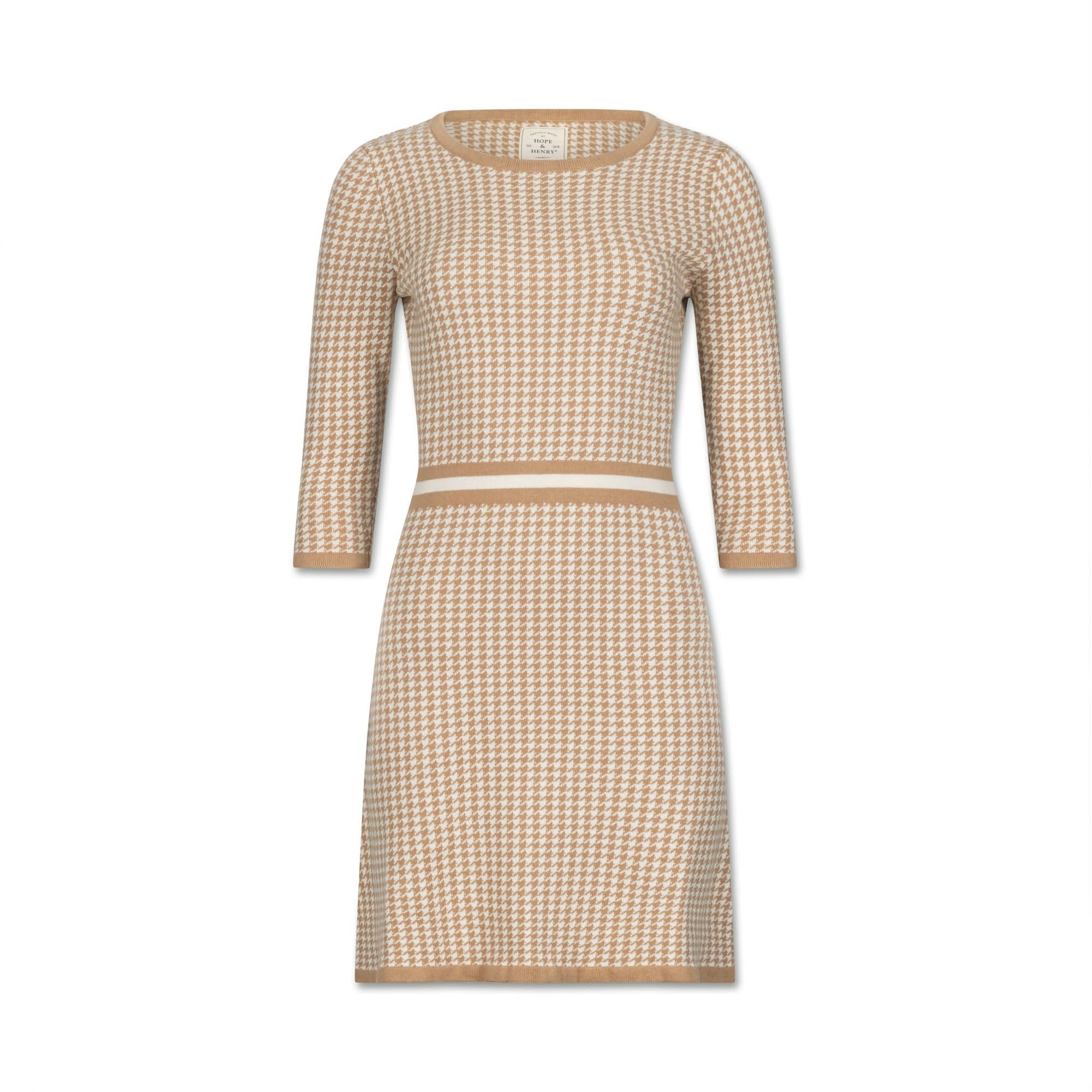 3/4 Sleeve Fit and Flare Sweater Dress (Tan)