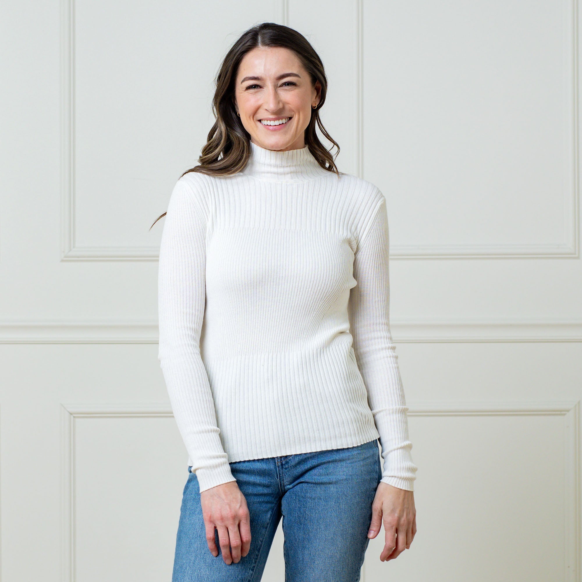 Mock Neck Rib Knit Sweater (Soft White)