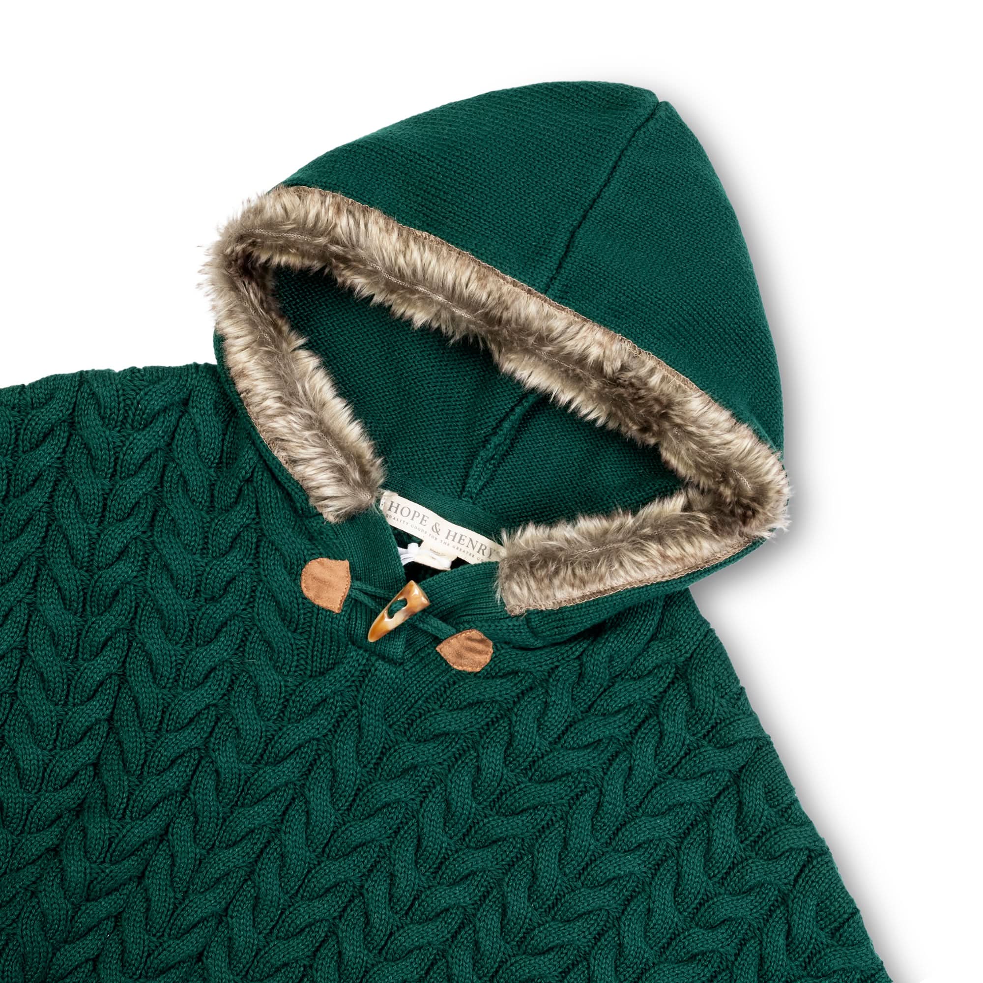 Sweater Cape with Faux Fur Hood (Green)