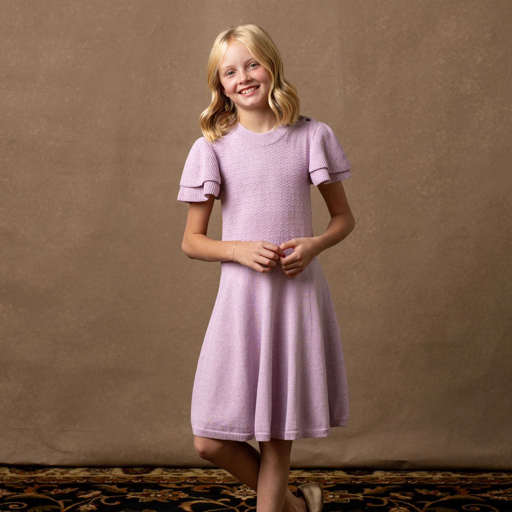 Flutter Sleeve Sweater Dress (Lavender) | Organic Clothing