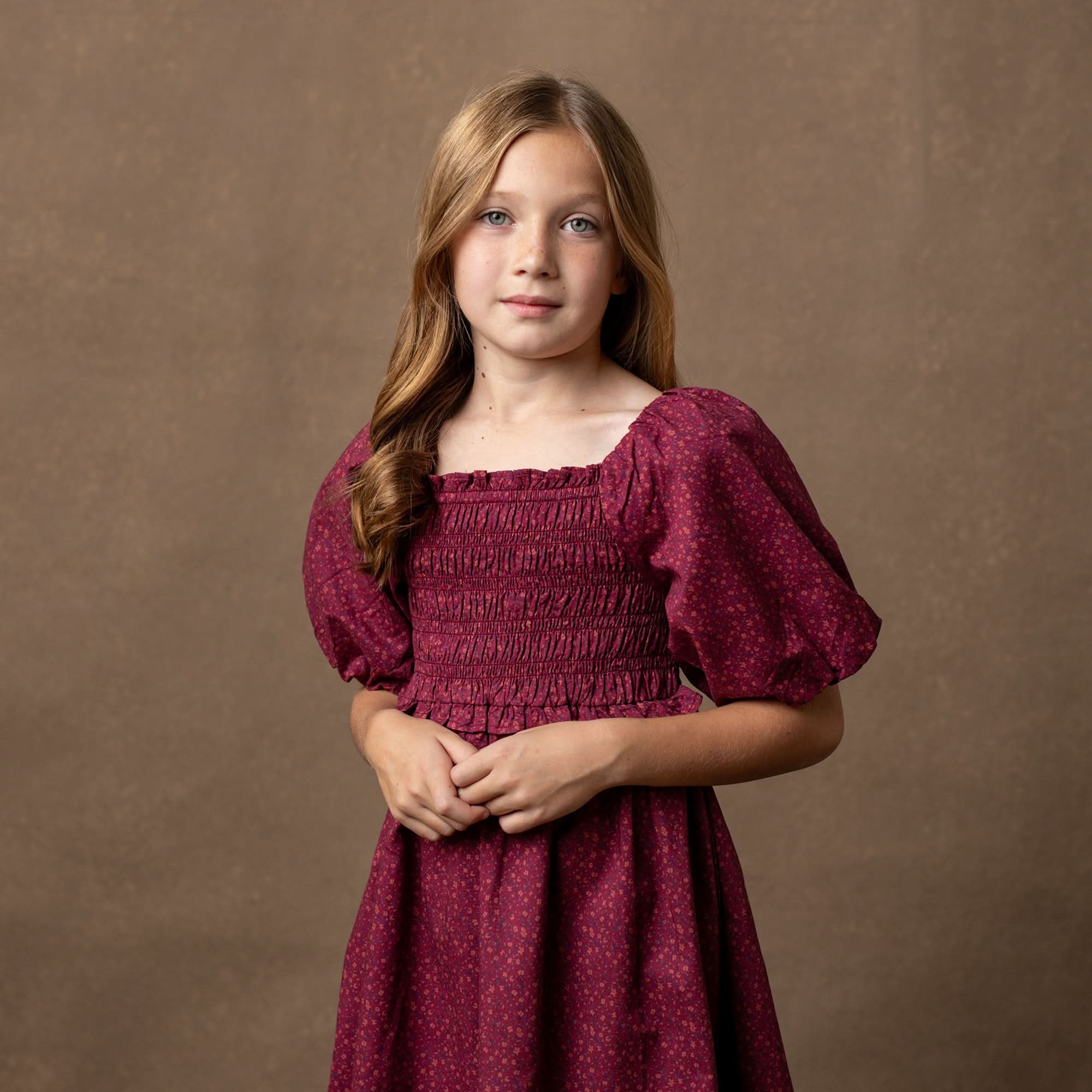 Smocked Bubble Sleeve Dress (Berry)
