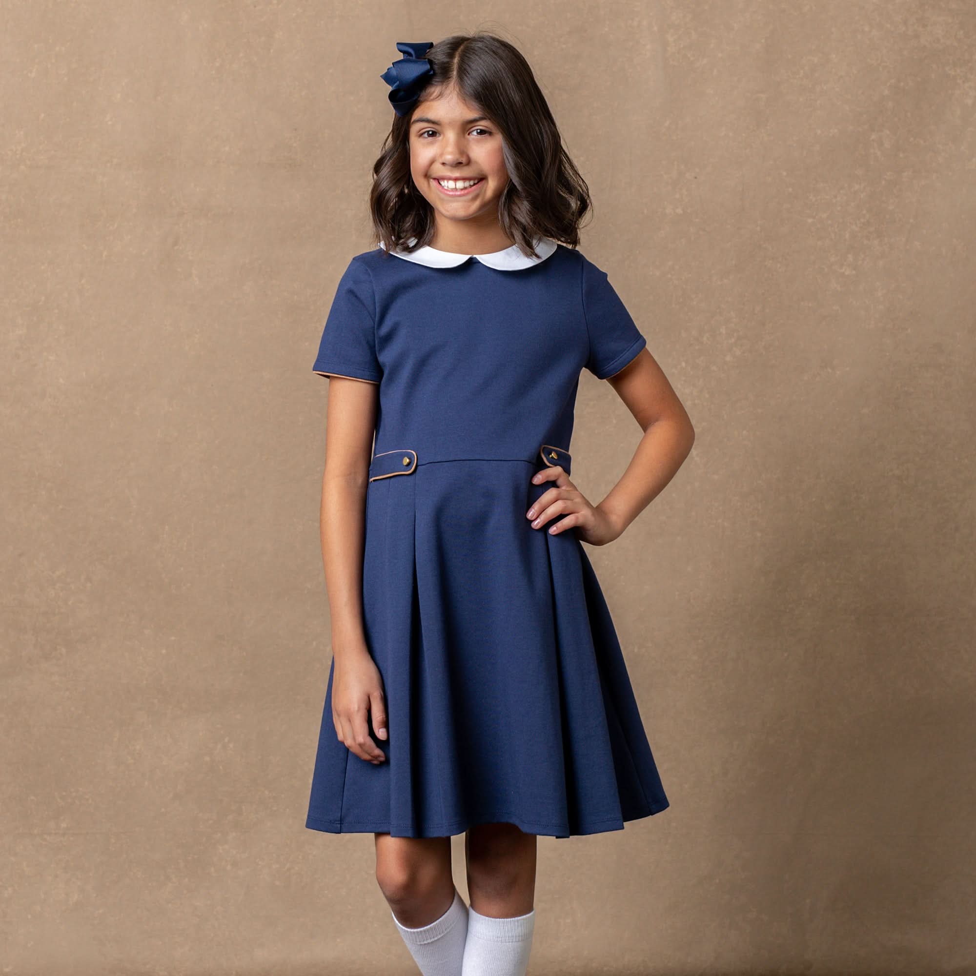 Pleated Ponte Dress with Collar (Navy)