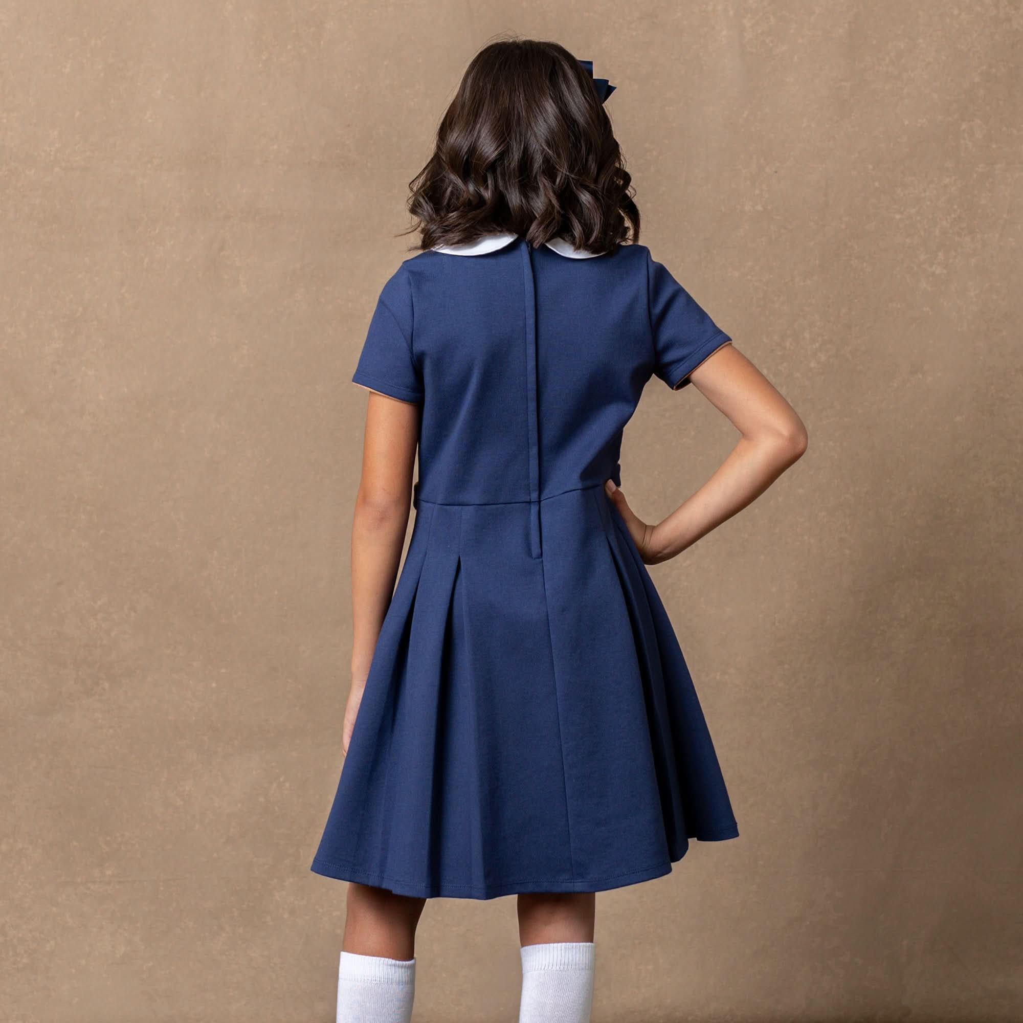 Pleated Ponte Dress with Collar (Navy)
