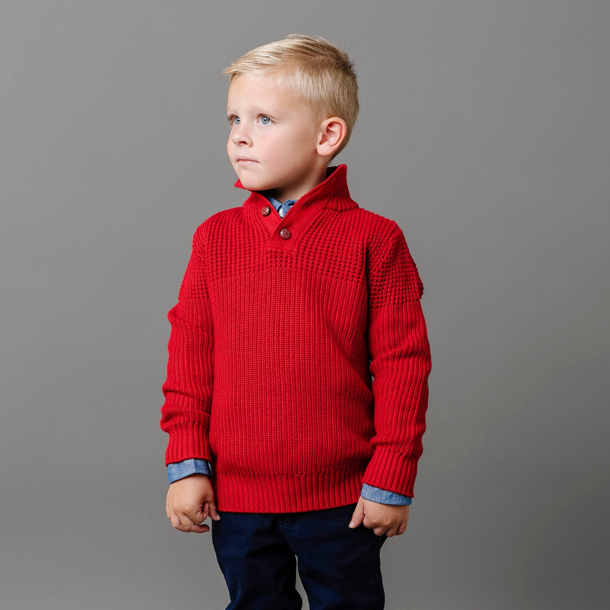Mix Stitch Mock Neck Sweater with Elbow Patches (Red)