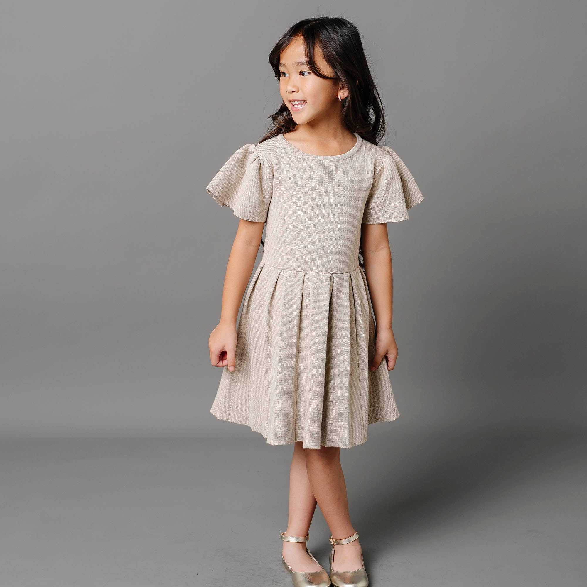 Pleated Sweater Dress (Light Taupe)