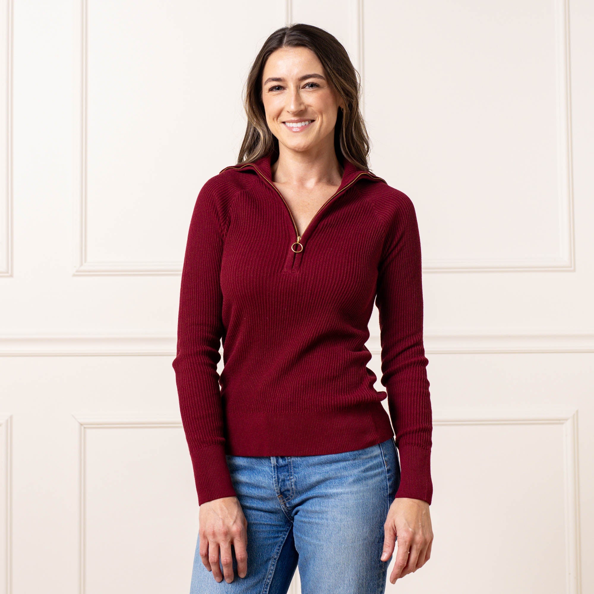 Fine Gauge Half Zip Sweater (Oxblood)