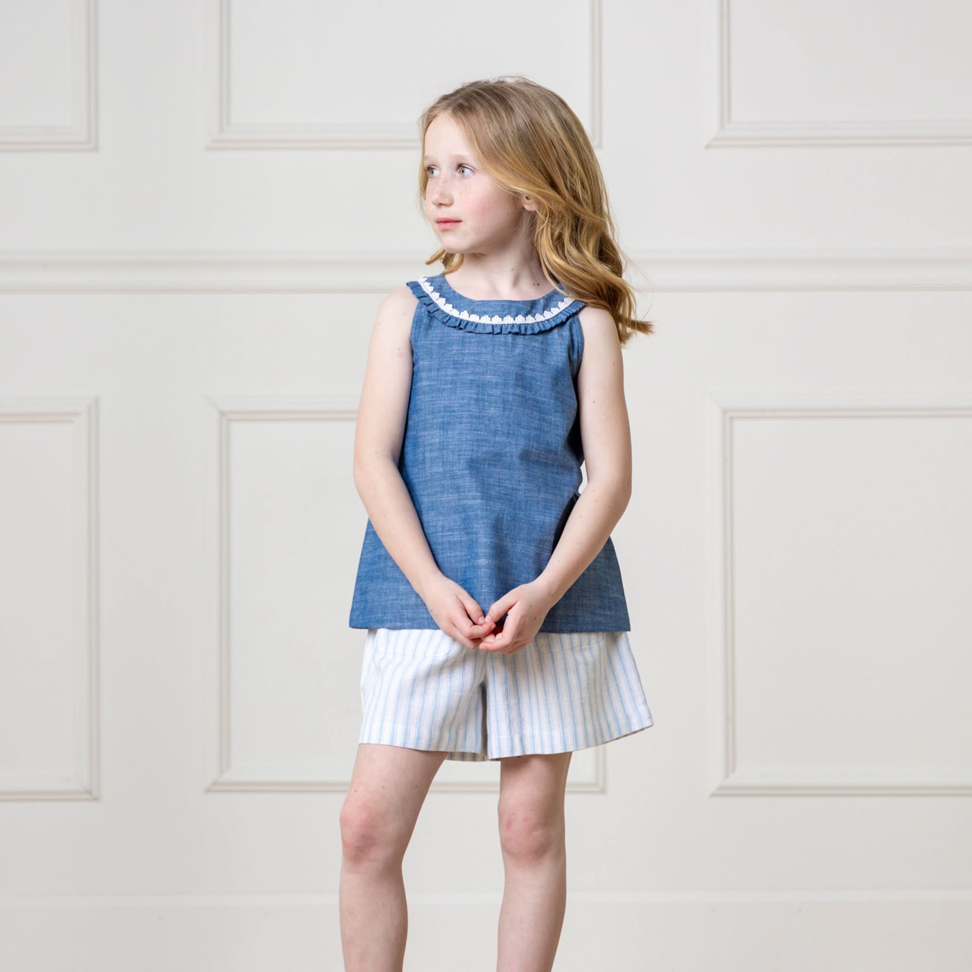 Ruffle Collar Chambray Top (2T-12)