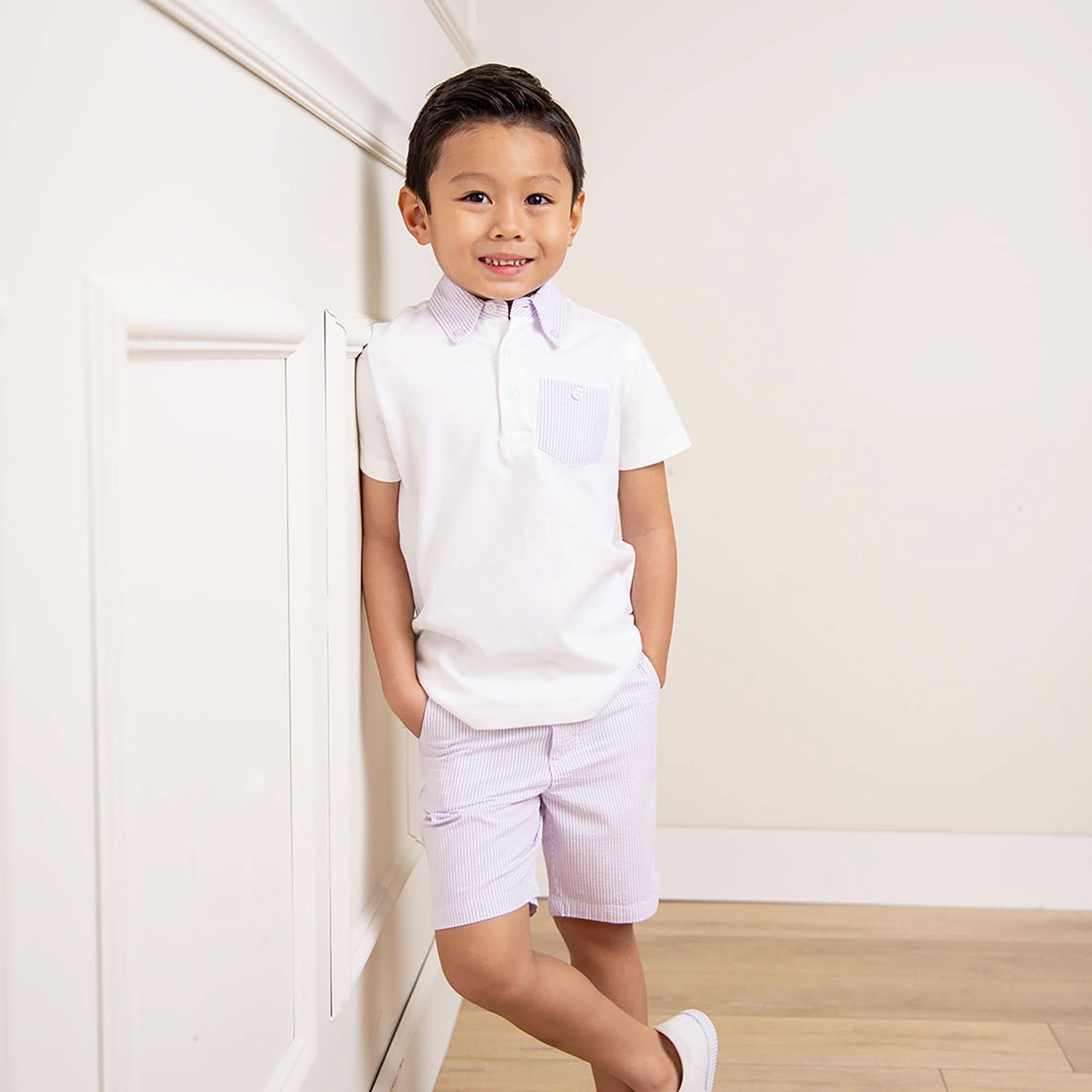 Jersey Polo with Seersucker Trim (White & Lavender)