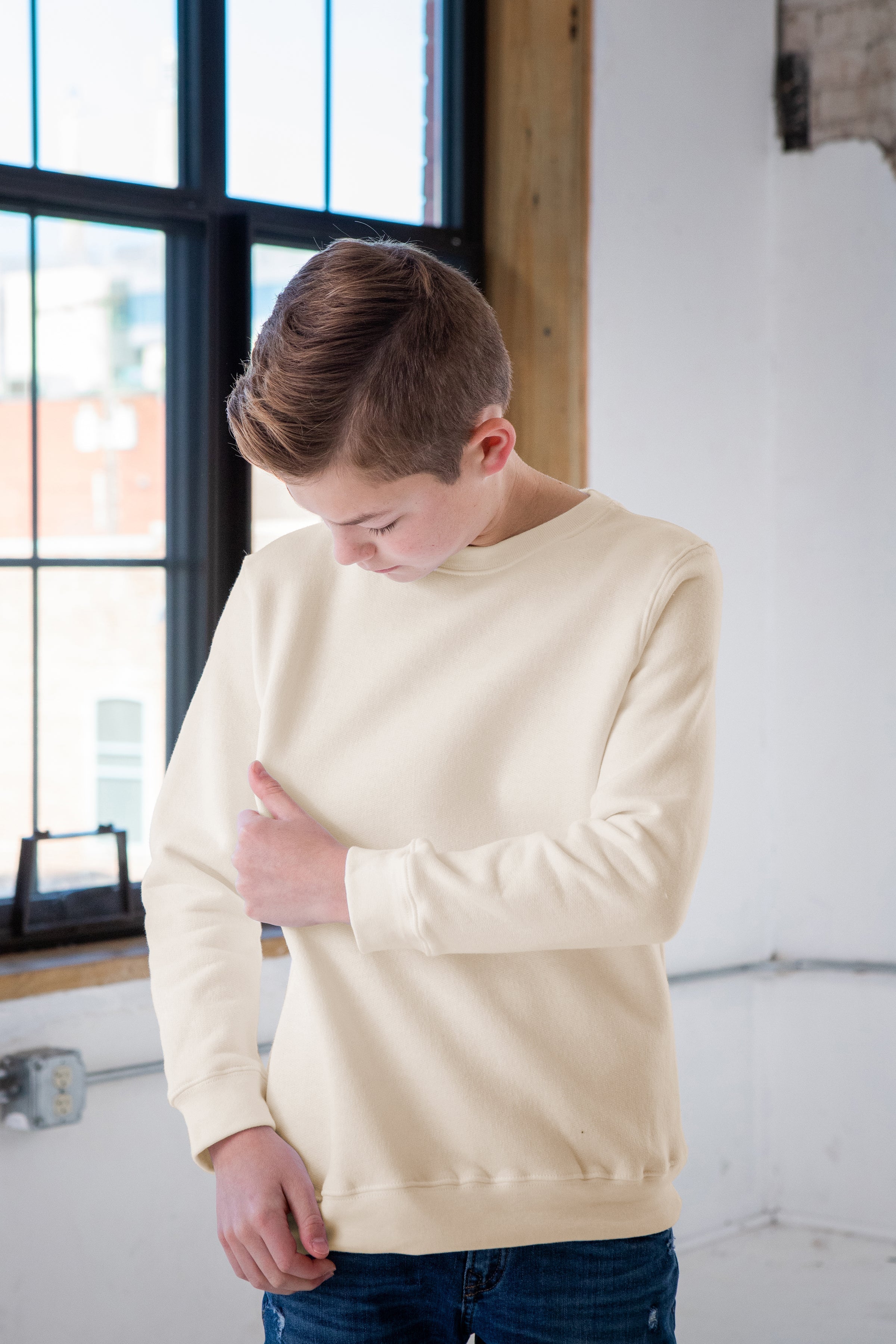 Youth Heathered Fleece Crew (Ivory)