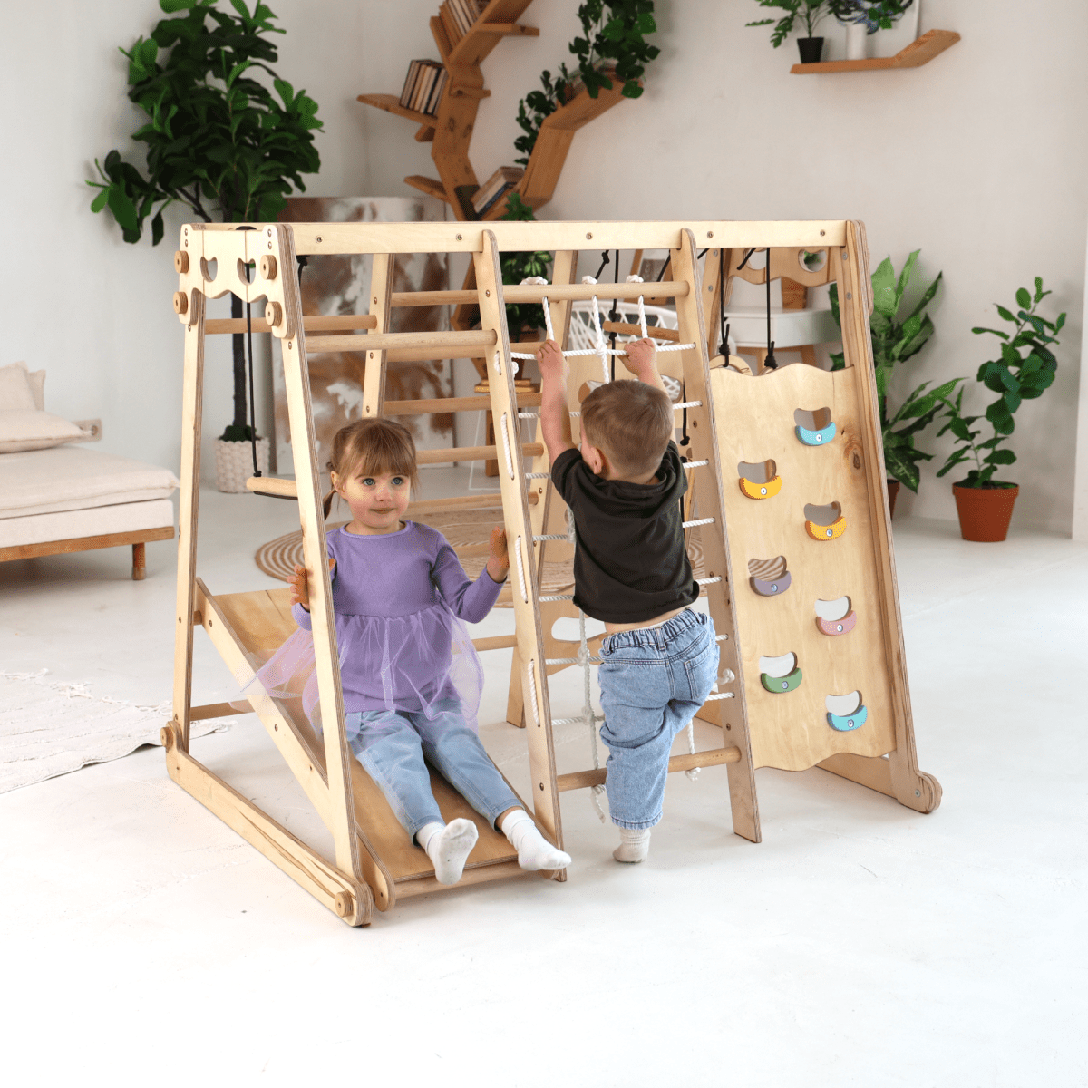 6in1 Indoor Jungle Gym for childrens: Playground + Swings Set + Slide Board + Rope + Stairs - Goodevas
