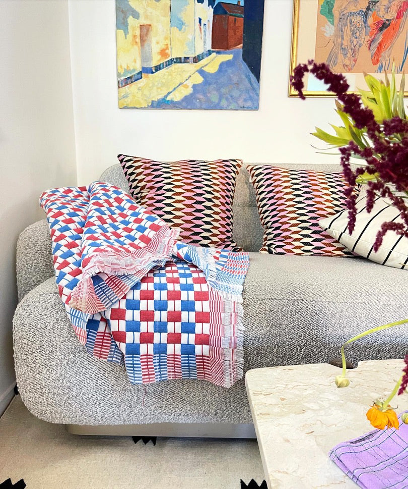 Quilted Sujani Throw Blanket (Red & Blue)