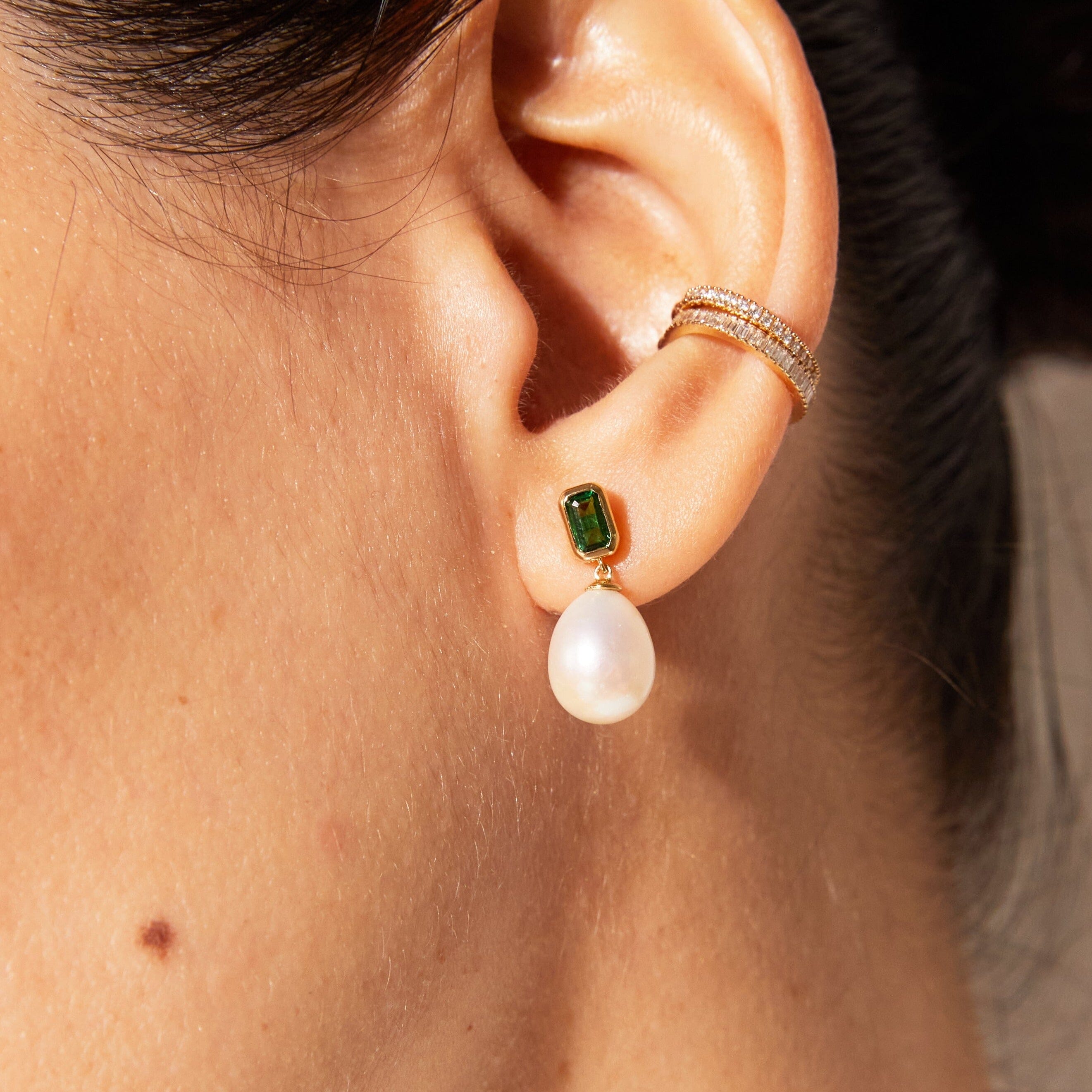 Lab Grown Emerald Heirloom Pearl Drop Earrings