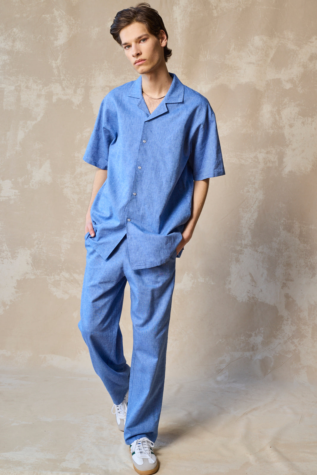 Gender-Neutral Slim Camp Collar Shirt (Cornflower)