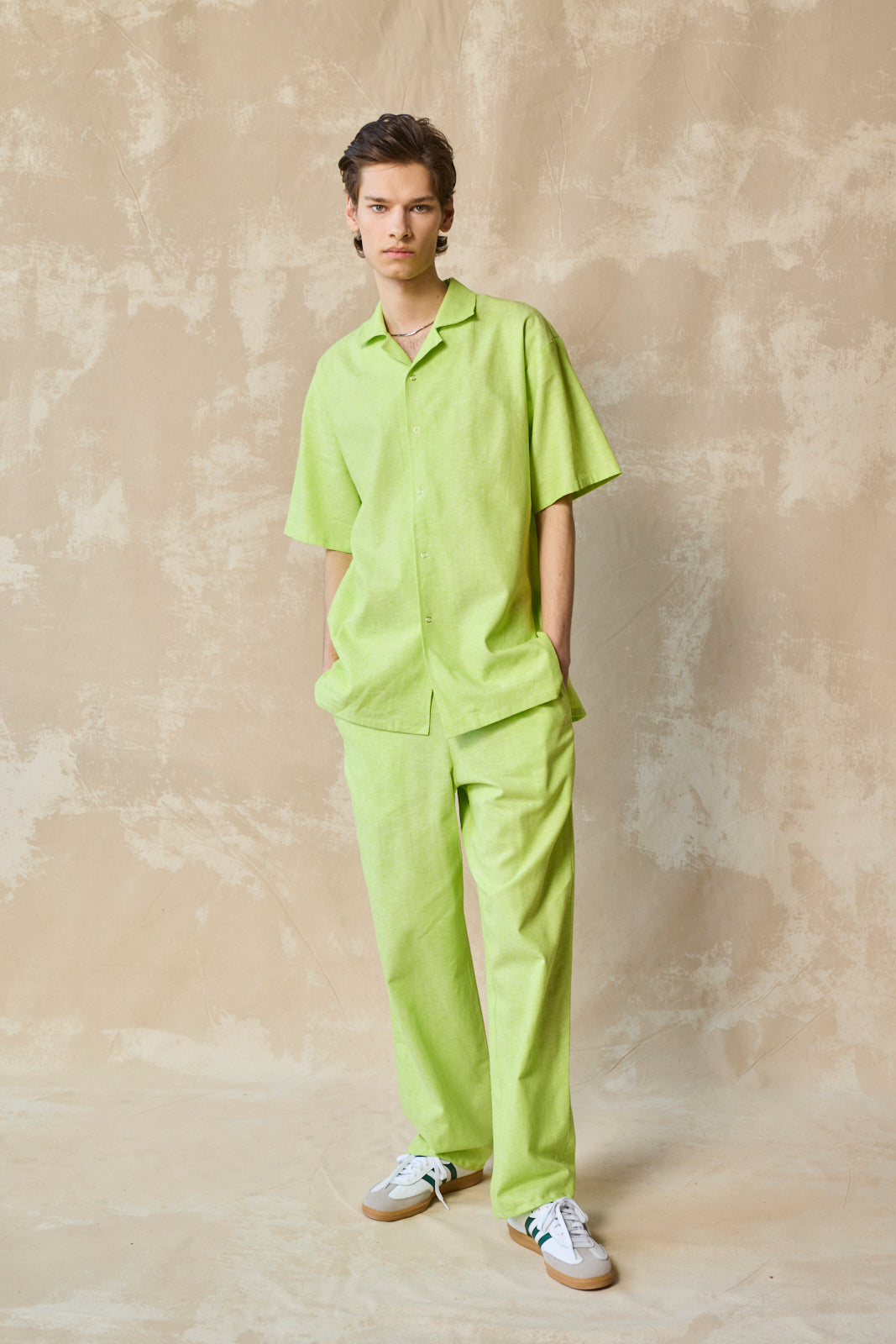 Gender-Neutral Slim Camp Collar Shirt (Lime)