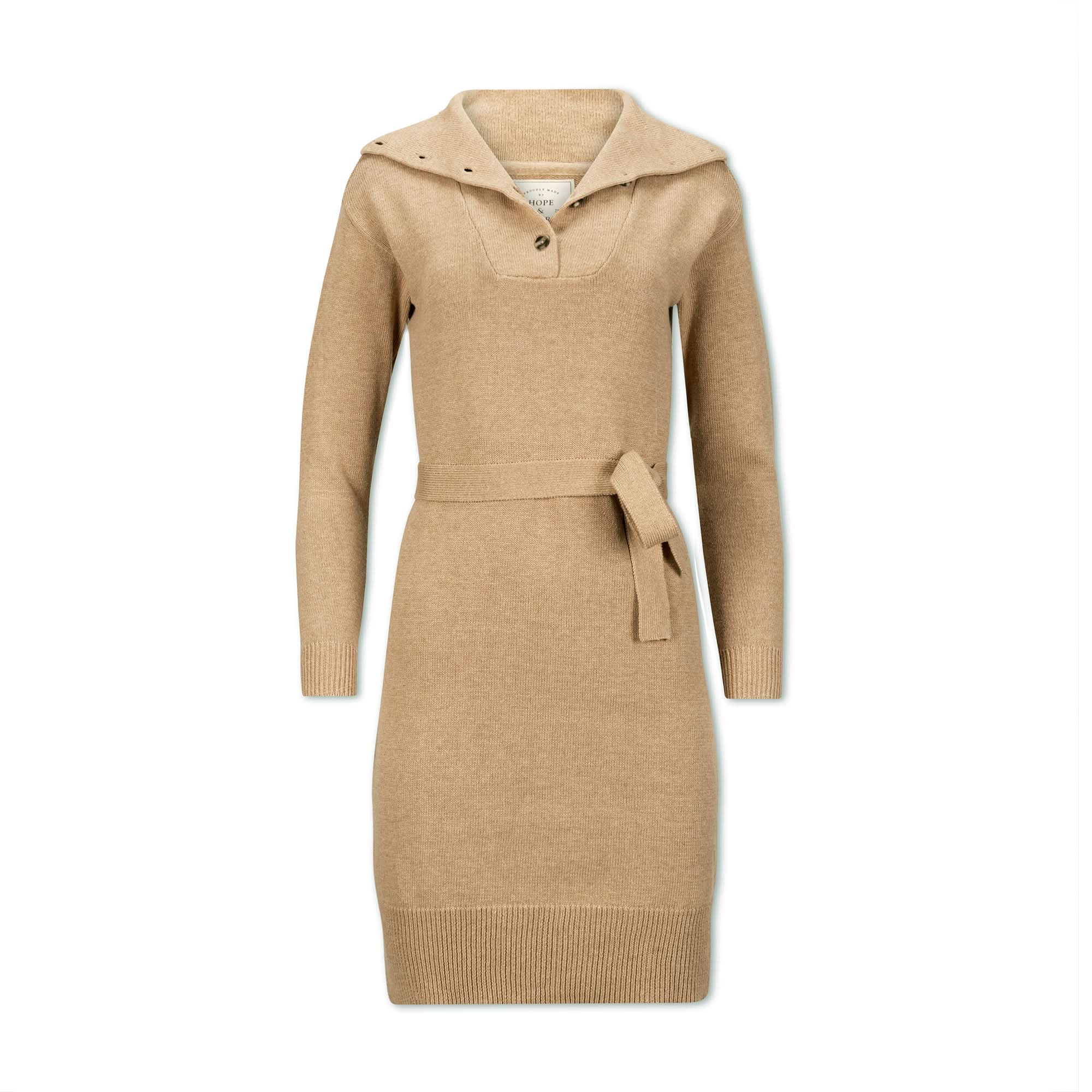 Wide Collar Belted Sweater Dress (Camel)
