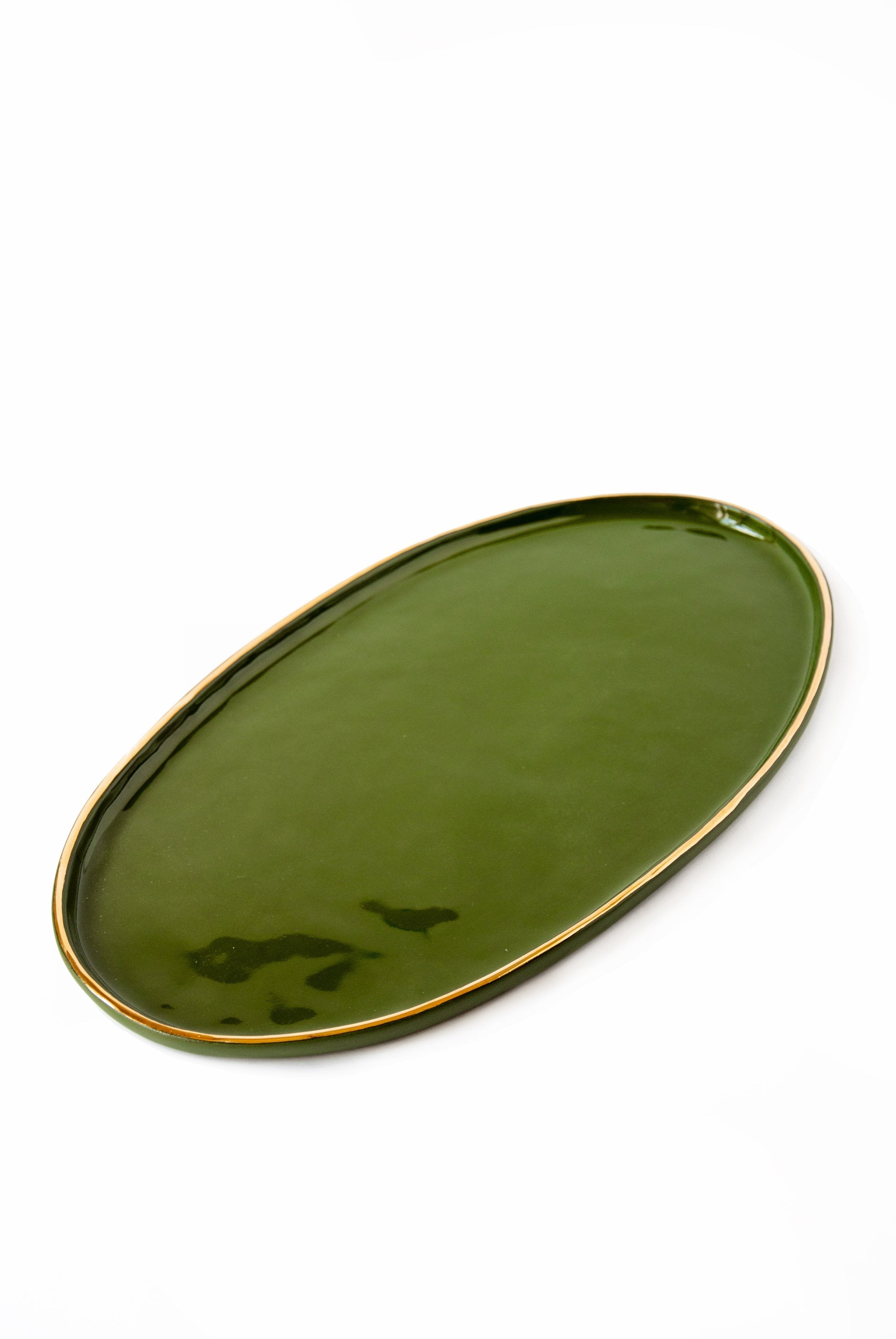 Porcelain Oval Serving Platter with Gold Rim (Green)