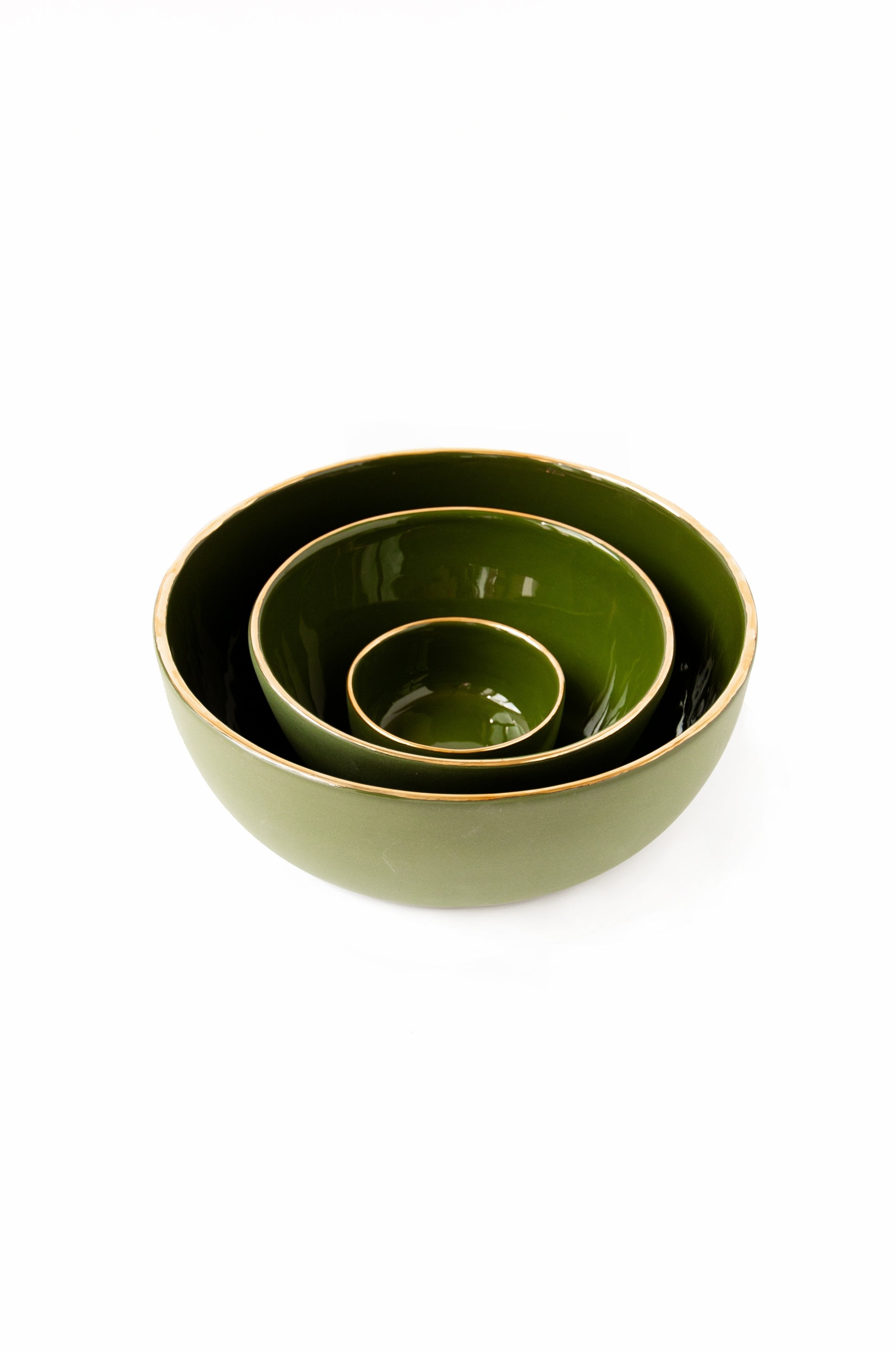Porcelain Salad Serving Bowl with Gold Rim (Green)