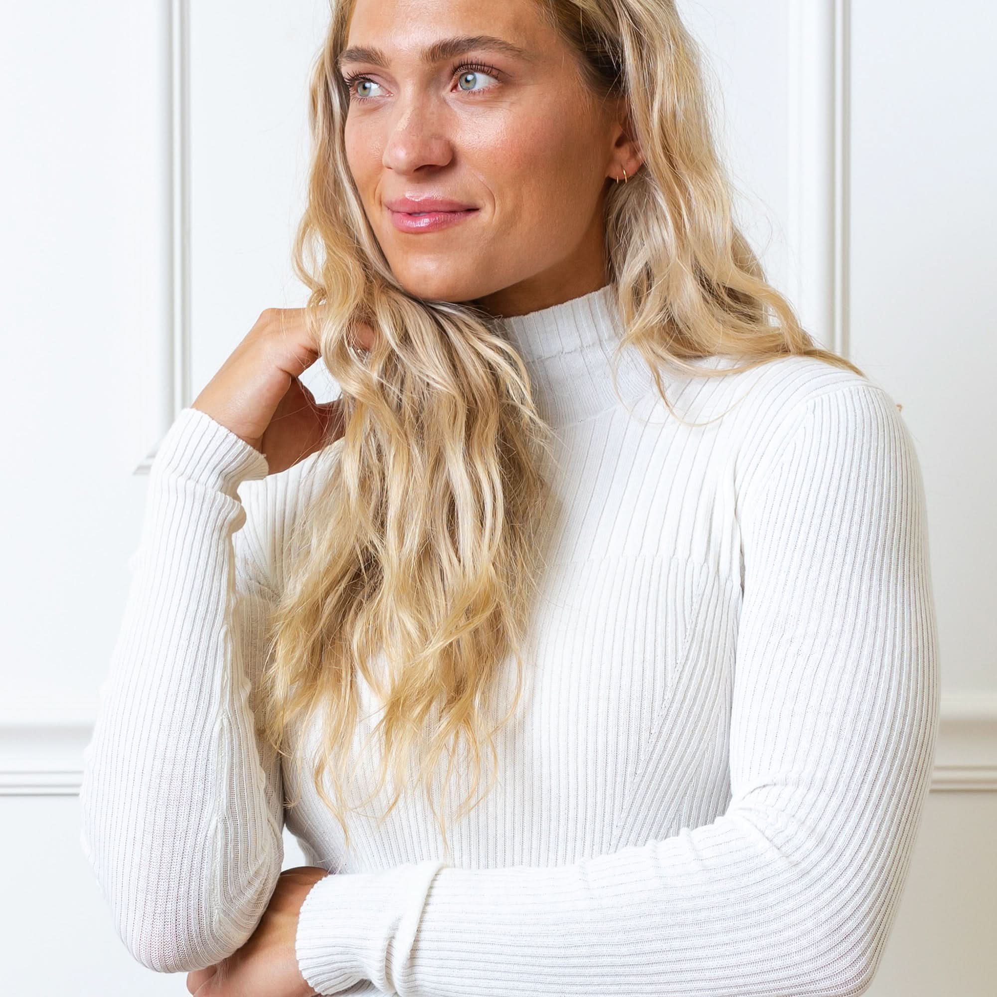 Mock Neck Rib Knit Sweater (Soft White)