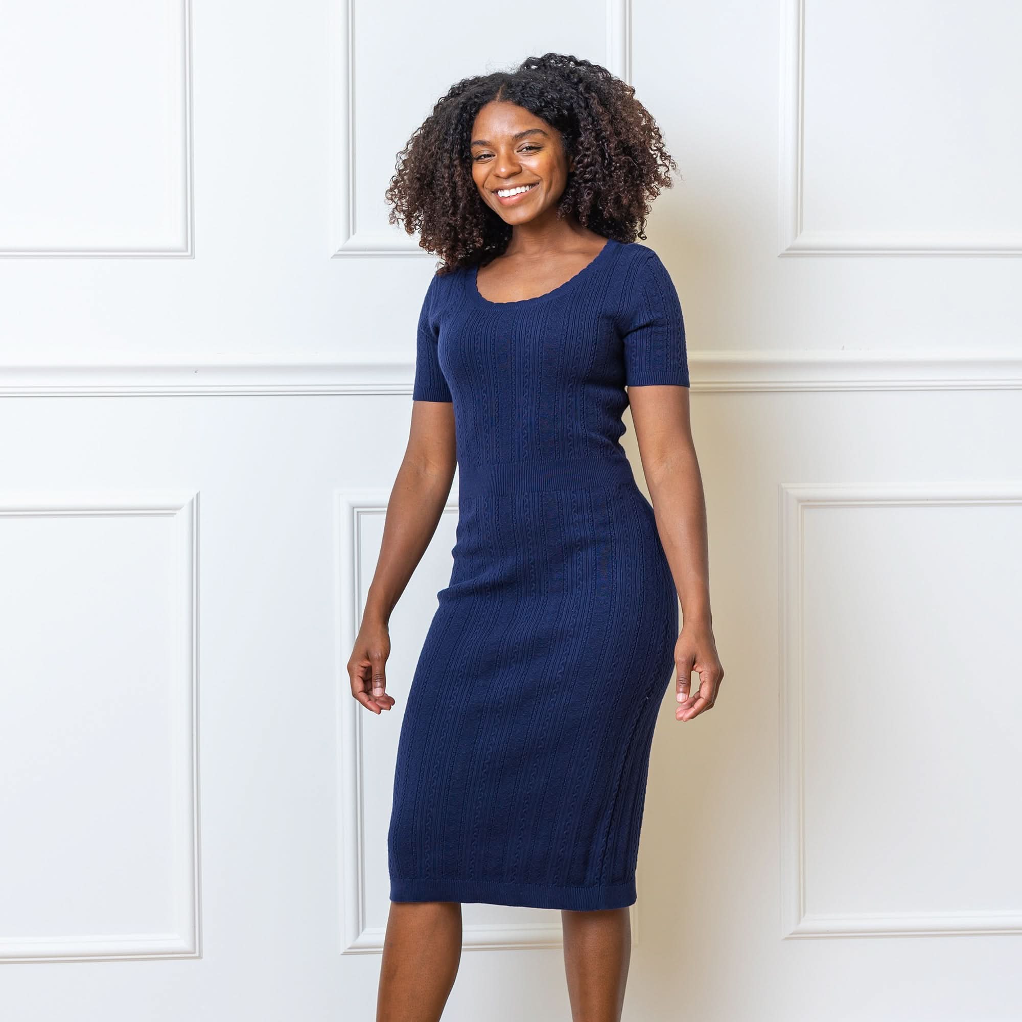 Fitted Cable Sweater Dress (Navy)
