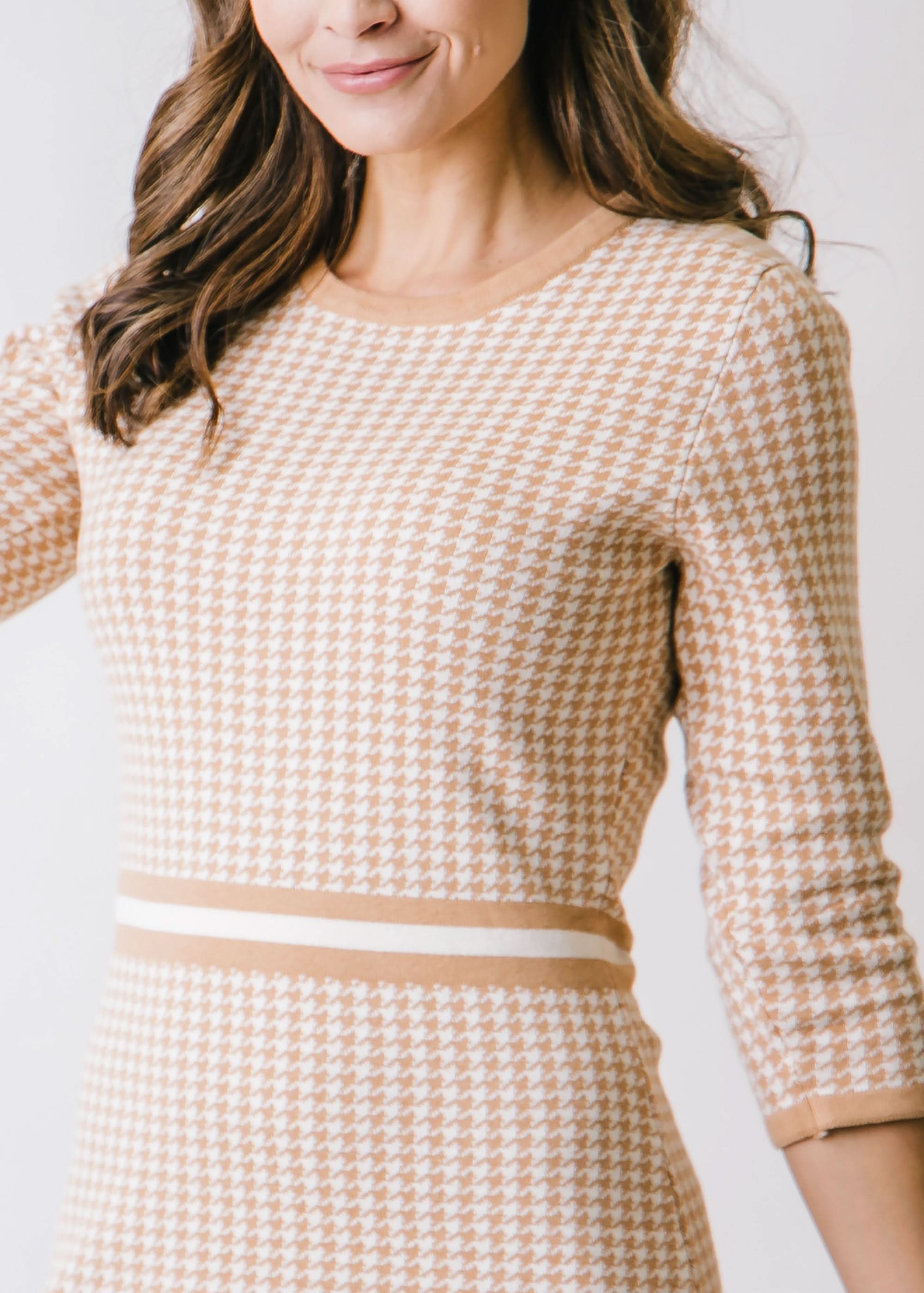 3/4 Sleeve Fit and Flare Sweater Dress (Tan)