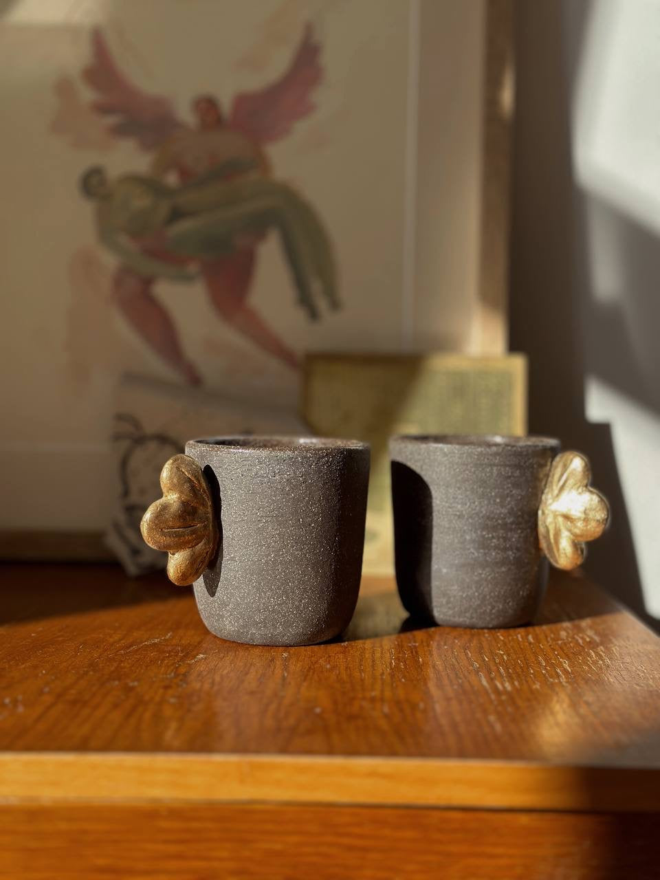 Stoneware Coffee Cup (Pumpernickel with Gold Wing)