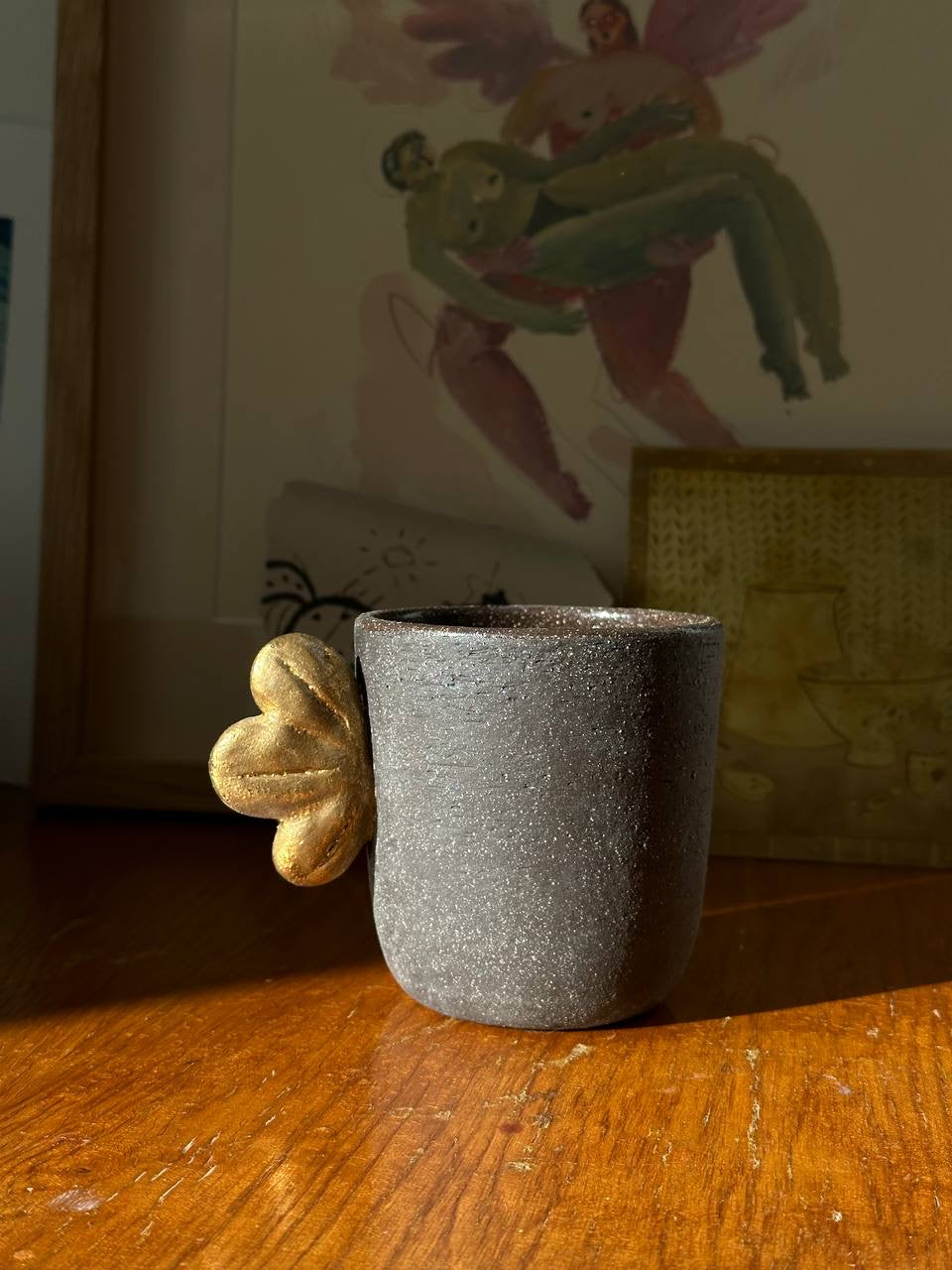 Stoneware Coffee Cup (Pumpernickel with Gold Wing)