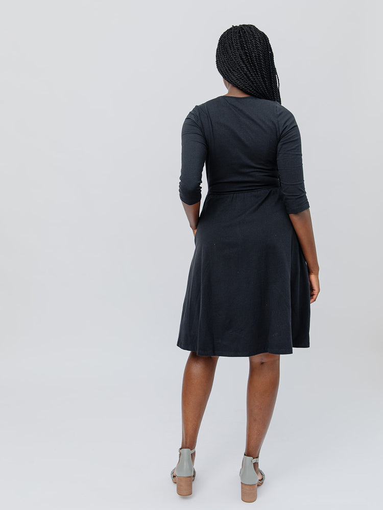 Callie 3/4 Sleeve Wrap Dress (Black)