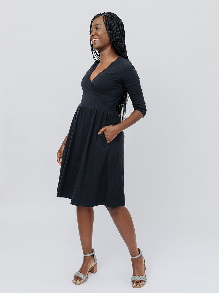 Callie 3/4 Sleeve Wrap Dress (Black)