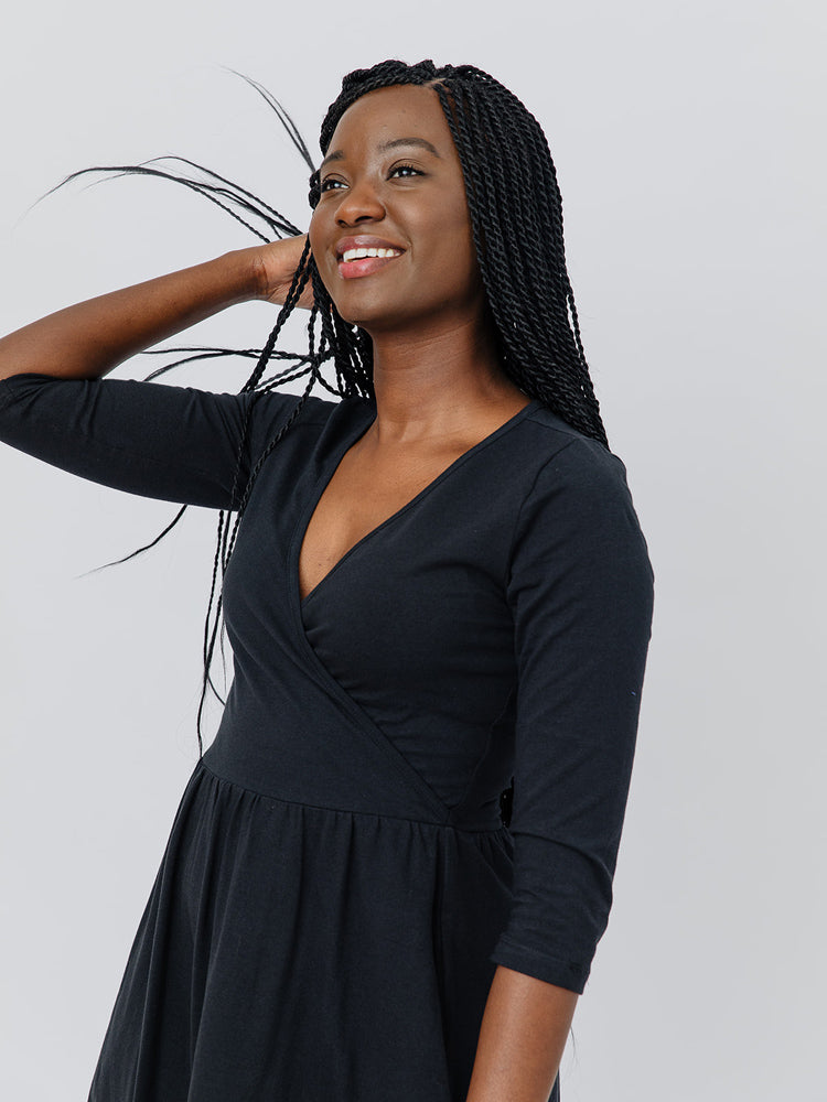 Callie 3/4 Sleeve Wrap Dress (Black)