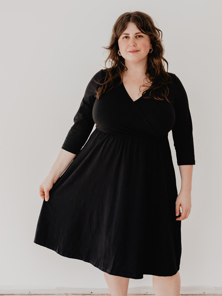 Callie 3/4 Sleeve Wrap Dress (Black)