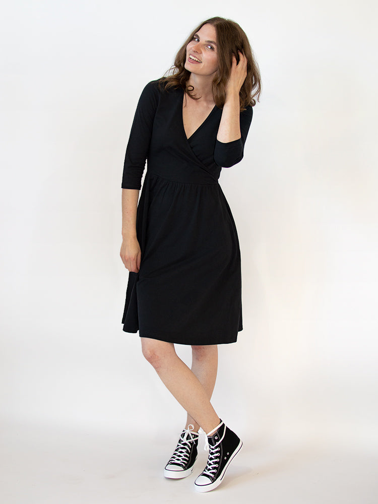 Callie 3/4 Sleeve Wrap Dress (Black)