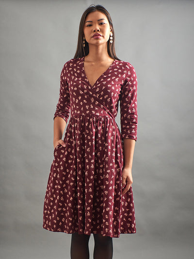 Callie Long Sleeve Wrap Dress (Burgundy Bouquet)