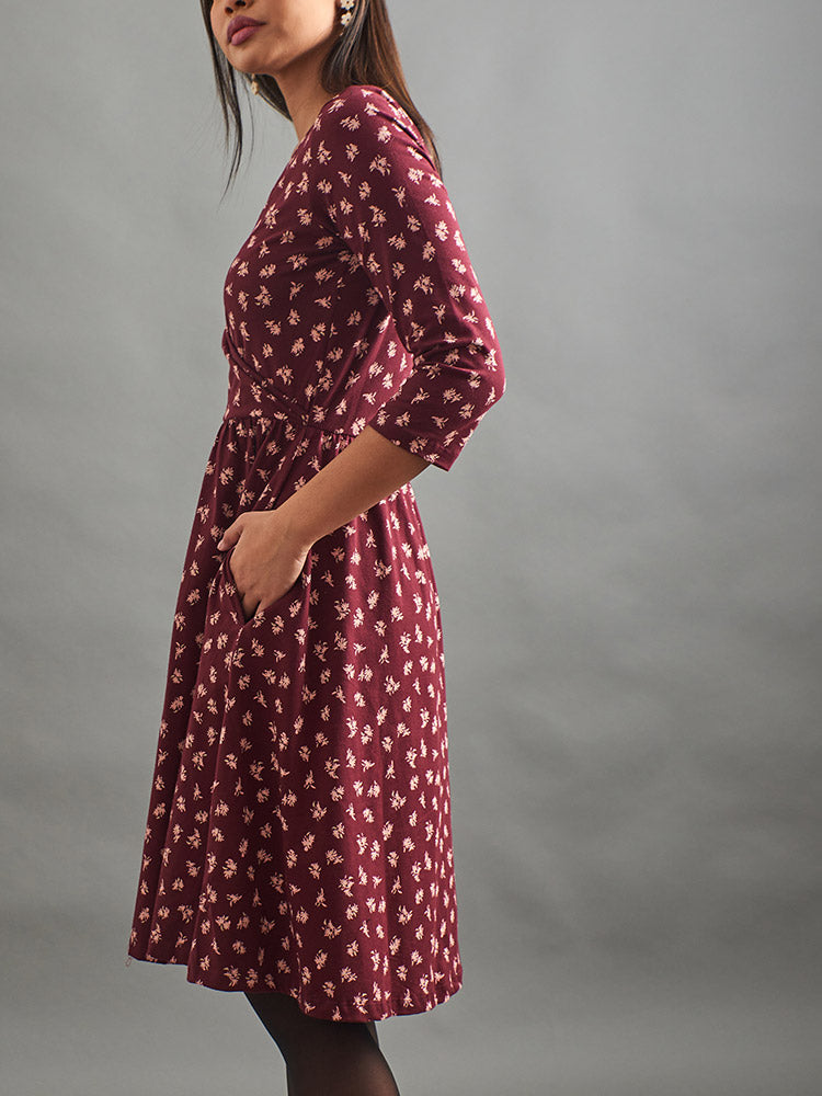 Callie Long Sleeve Wrap Dress (Burgundy Bouquet)