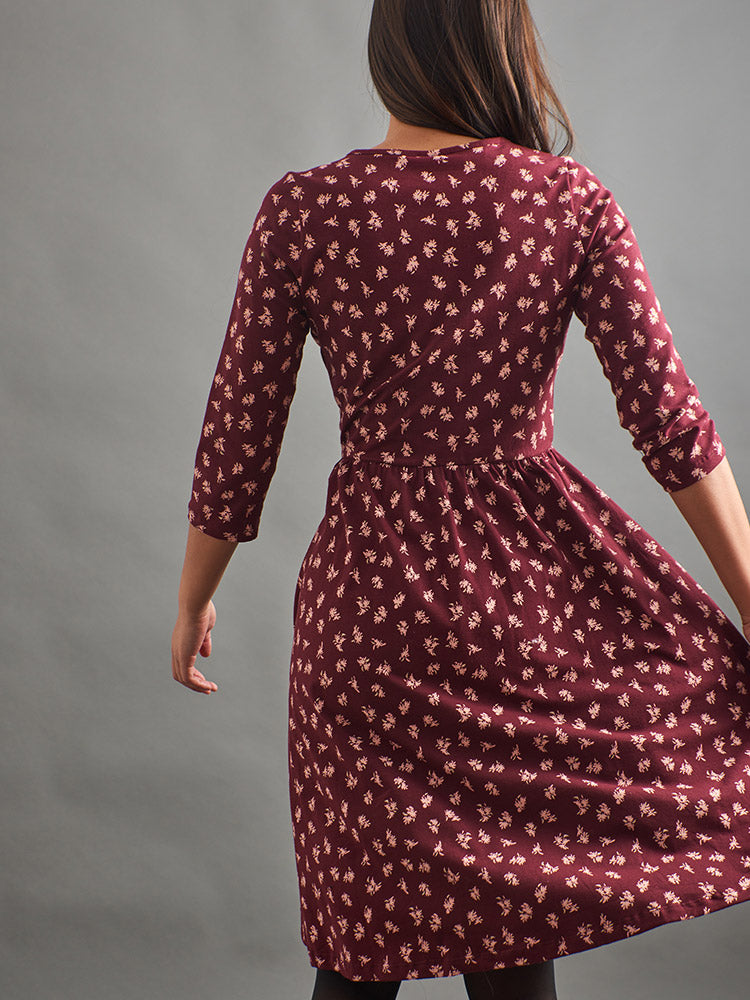 Callie Long Sleeve Wrap Dress (Burgundy Bouquet)