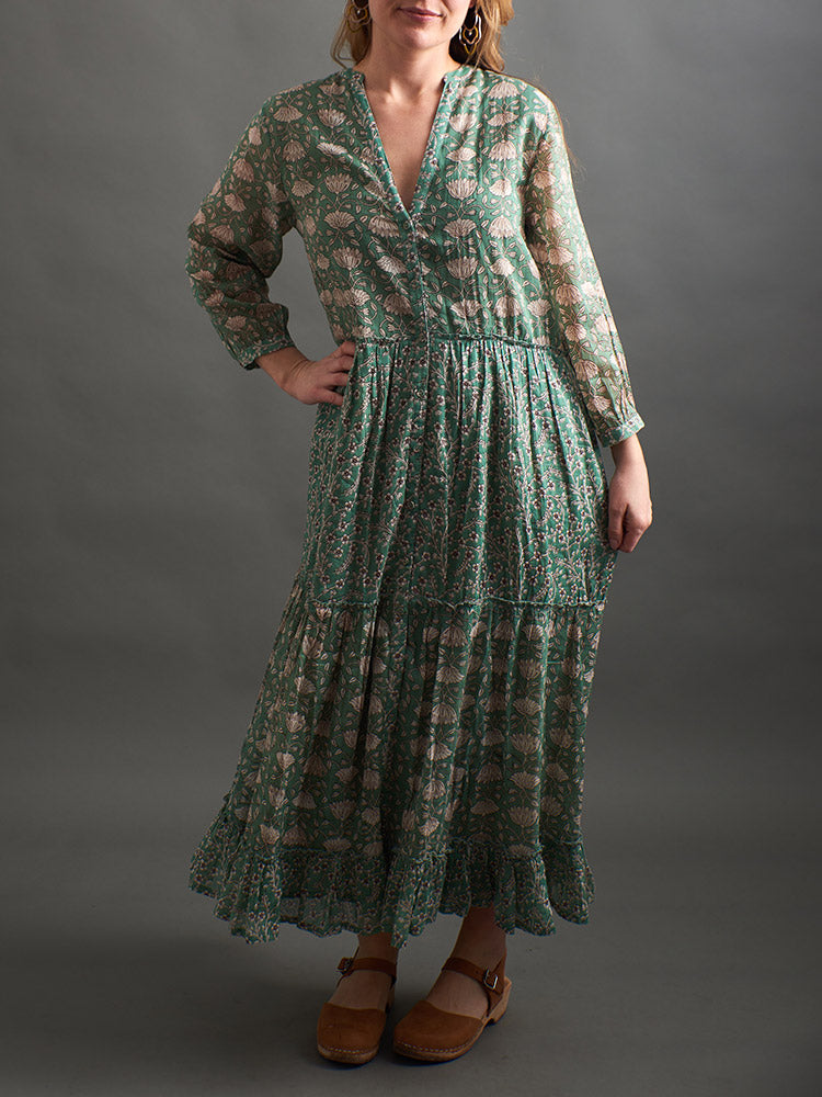Britta Long Sleeve Tiered Dress (Aegean Teal Mix)