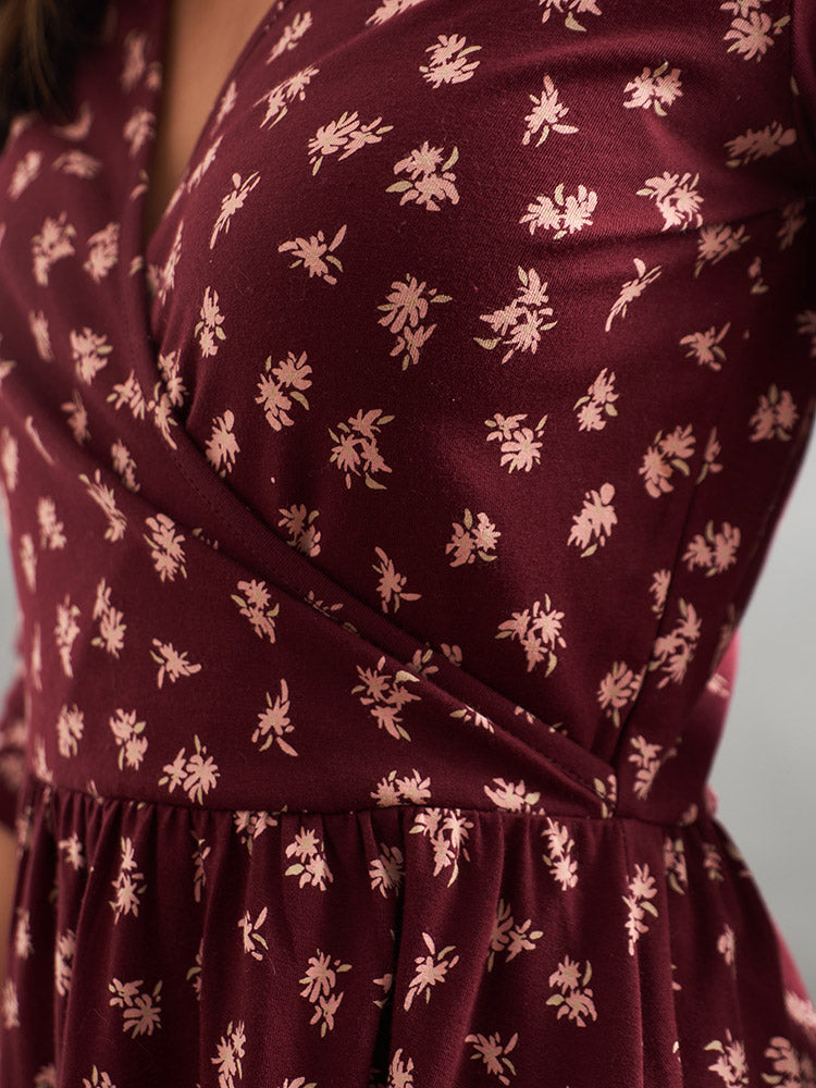 Callie Long Sleeve Wrap Dress (Burgundy Bouquet)
