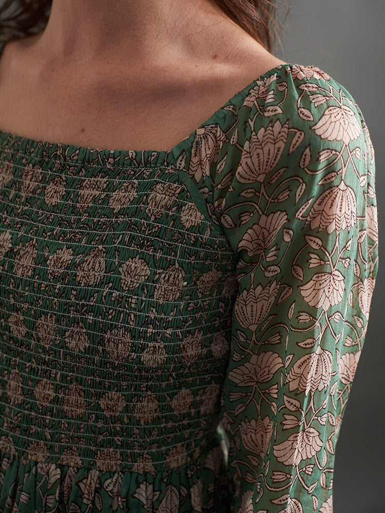 Hailee Smocked Midi Dress (Aegean Teal Floral)