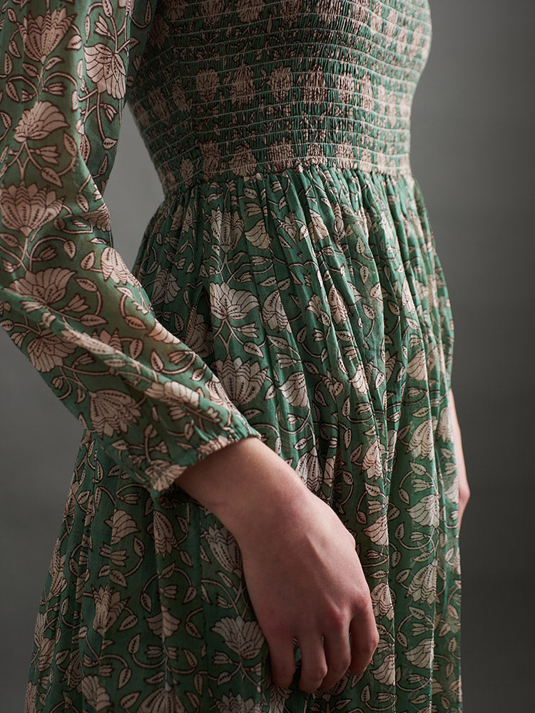 Hailee Smocked Midi Dress (Aegean Teal Floral)