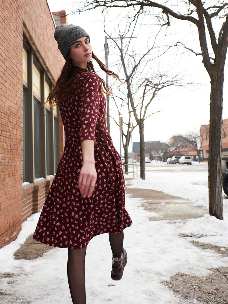Callie Long Sleeve Wrap Dress (Burgundy Bouquet)