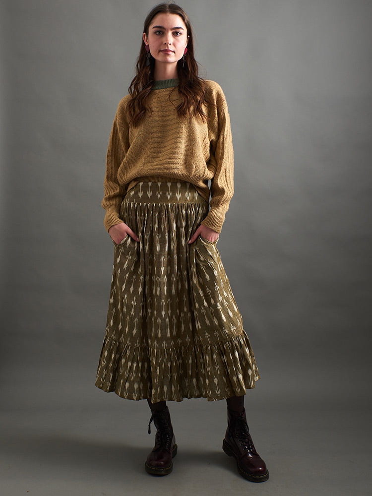 Mila Midi Skirt (Olive Ikat)