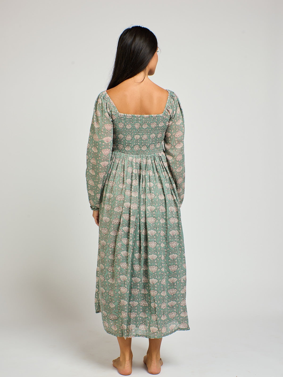 Hailee Smocked Midi Dress (Aegean Teal Floral)