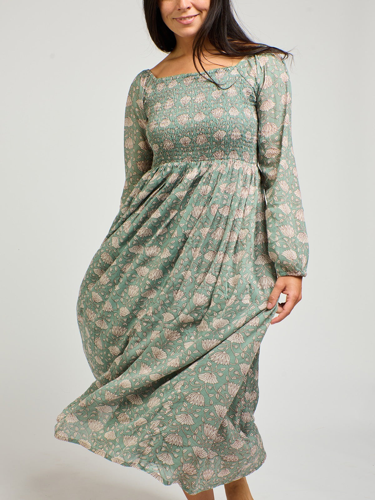 Hailee Smocked Midi Dress (Aegean Teal Floral)