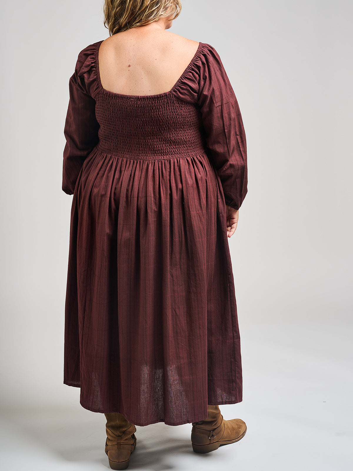 Hailee Smocked Plus Size Midi Dress (Maroon Plaid)