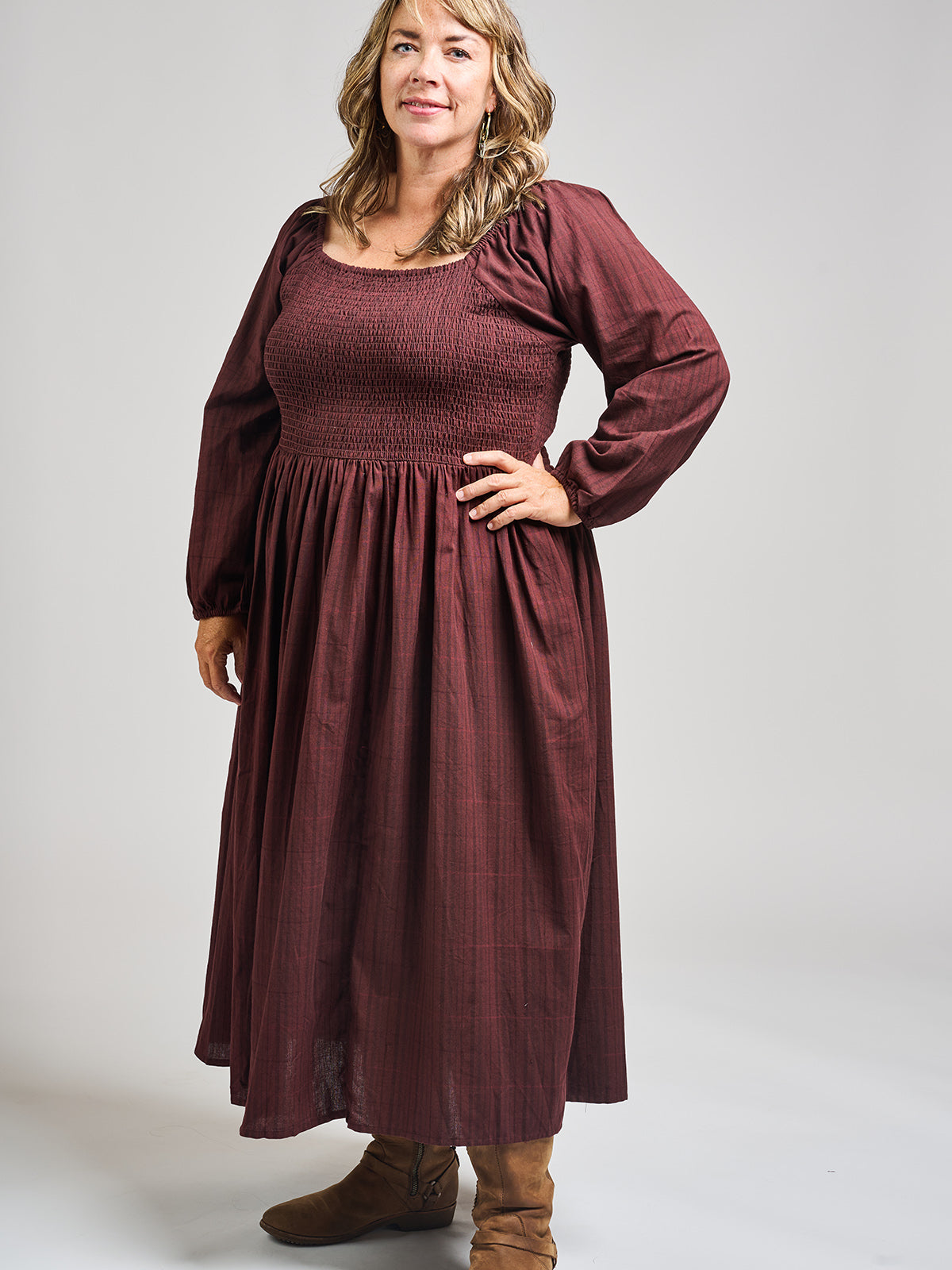 Hailee Smocked Plus Size Midi Dress (Maroon Plaid)