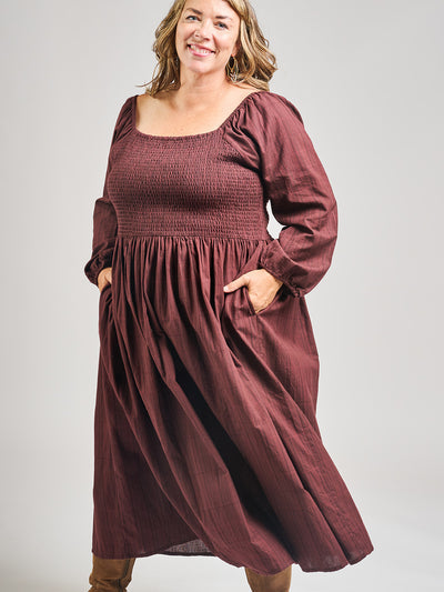 Hailee Smocked Plus Size Midi Dress (Maroon Plaid)