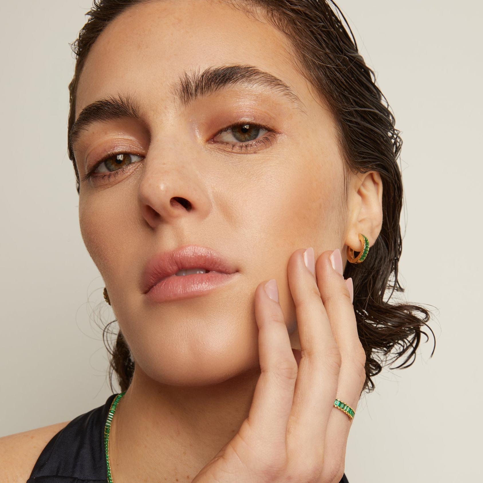 Lab Grown Green Emerald Baguette Huggie Earrings