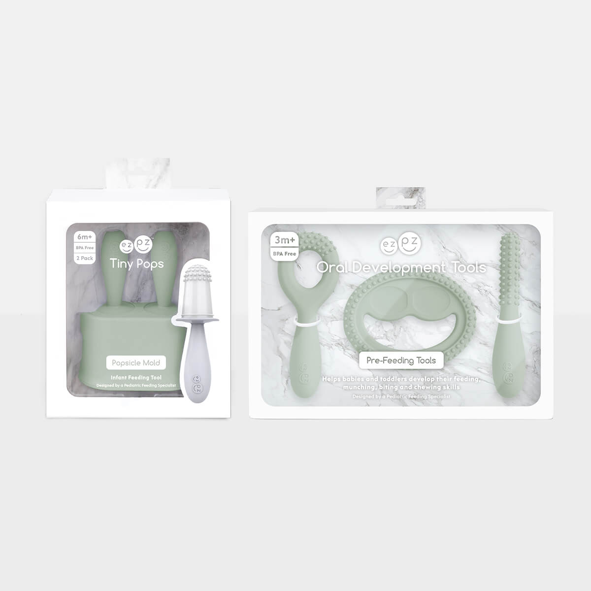 Pre-feeding set by ezpz in sage green includes the tiny pops and oral development tools (silicone teethers) #color_sage