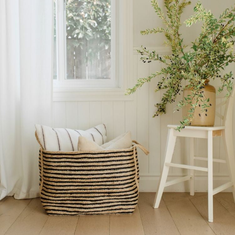 Large Jute Basket (Charcoal Stripe)