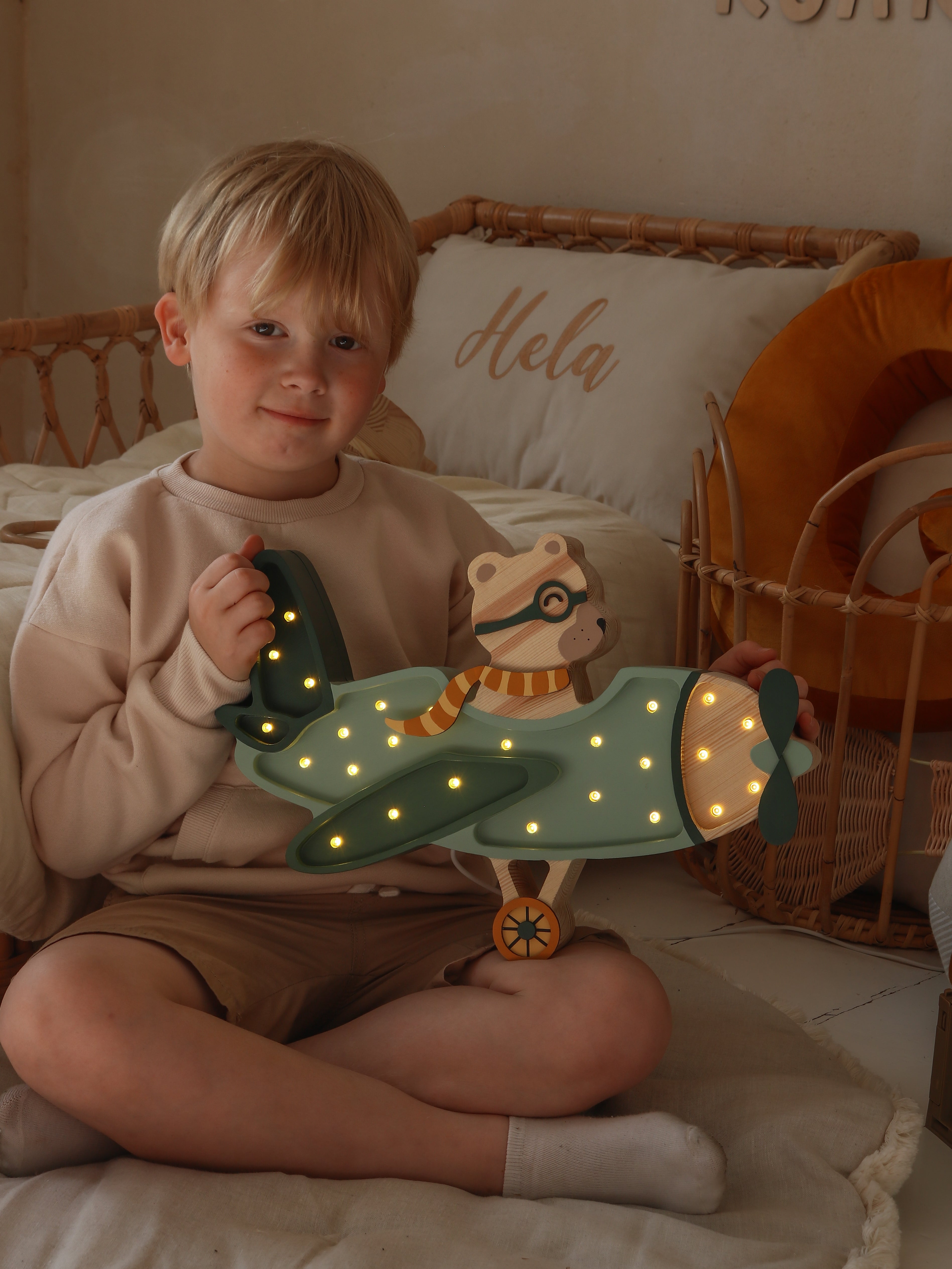 Handmade wooden Khaki Pastel airplane lamp featuring a bear pilot, dimmable LED